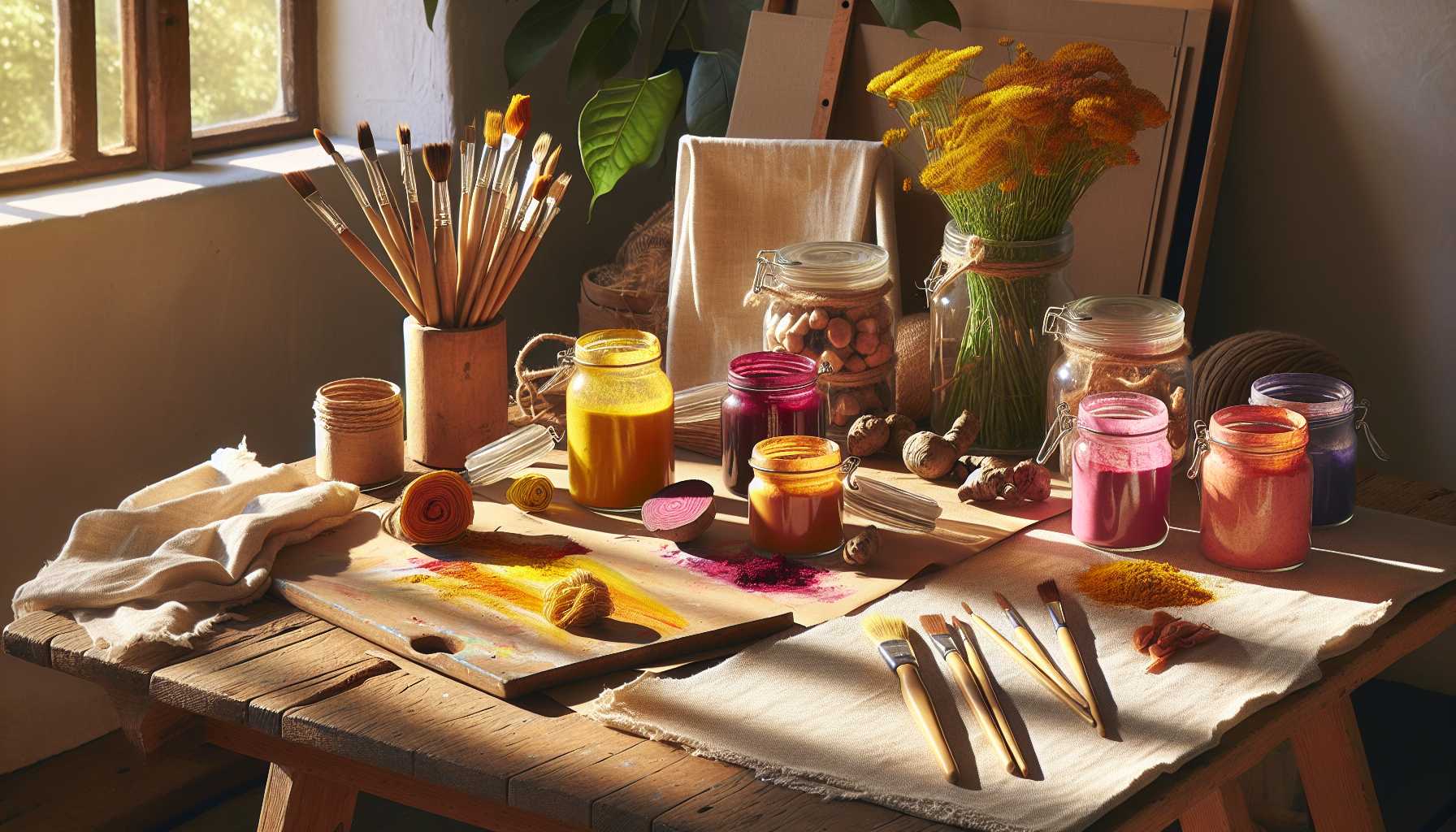 A sunlit artist's workspace with natural materials, featuring a wooden table displaying eco-friendly art supplies: glass jars filled with vibrant natural pigments (yellows from turmeric, pinks from beetroot), bamboo-handled brushes, recycled cotton canvas, handmade paper, and scattered organic materials like flowers and leaves for pigment extraction. Soft natural lighting streams through a window, creating a warm, inspiring atmosphere. The composition should have an earthy color palette with pops of natural colors, showing the beautiful intersection of art and sustainability. Photorealistic style, high resolution, with careful attention to texture and detail.