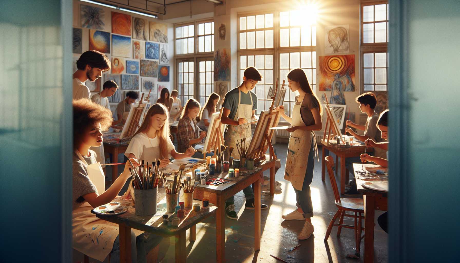 A bright, naturally lit art studio with teenagers (14-17 years old) engaged in painting at easels. The scene shows diverse students working on colorful canvases, with an encouraging art instructor guiding one student. Afternoon sunlight streams through large windows, illuminating art supplies, paintbrushes, and palettes scattered on tables. The atmosphere is casual and creative, with some students wearing paint-splattered aprons. The walls display student artwork in various styles from abstract to realistic. The image should capture both concentration and joy on the students' faces, emphasizing the social and educational aspects of the class. Shot from a three-quarter angle to show both the students and their work, with shallow depth of field focusing on the main activity. Photojournalistic style, warm color palette.
